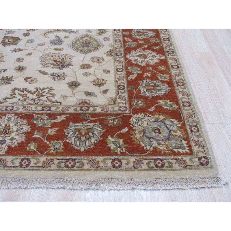 Ivory Hand-Knotted Wool Traditional Agra Rug, 8'1 x 9'10, Timeless Elegant Design - L