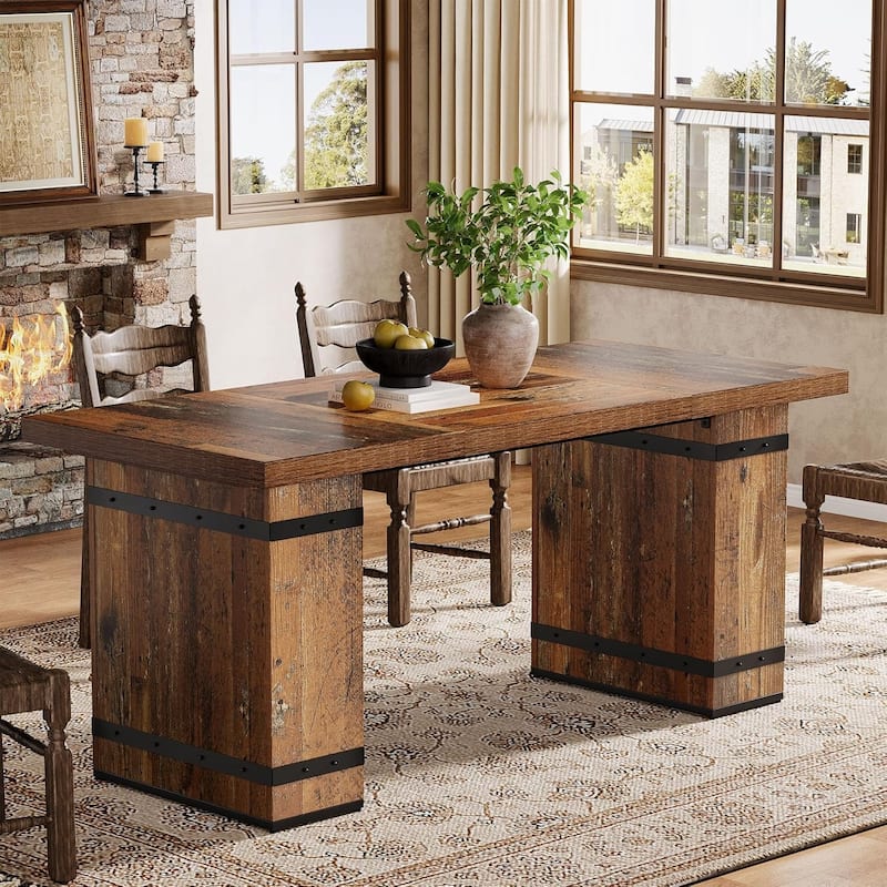 63" Industrial Dining Table, Rectangle Farmhouse Wood Kitchen Table with Metal-Trimmed Pedestal Base