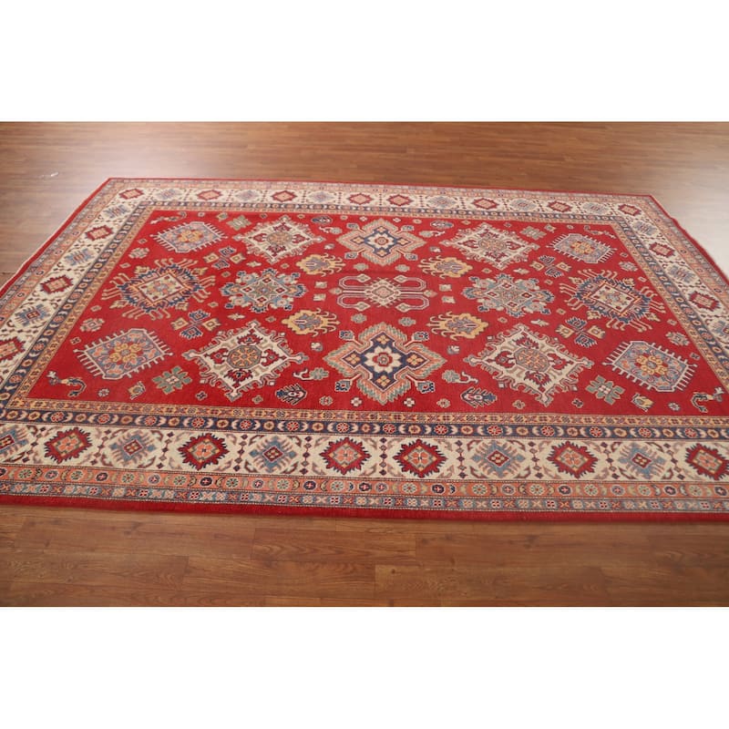 Red Kazak Area Rug Handmade Geometric Wool Carpet - 7'2"x 10'0"