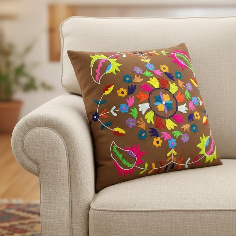 Set of Two 20" Brown And Pink Floral Cotton Throw Pillows with Embroidery - Polyester - Set of 2 - 20.00 in. x 20.00 in.  x 3.90 in. - Pillow Sets - Brown/Pink