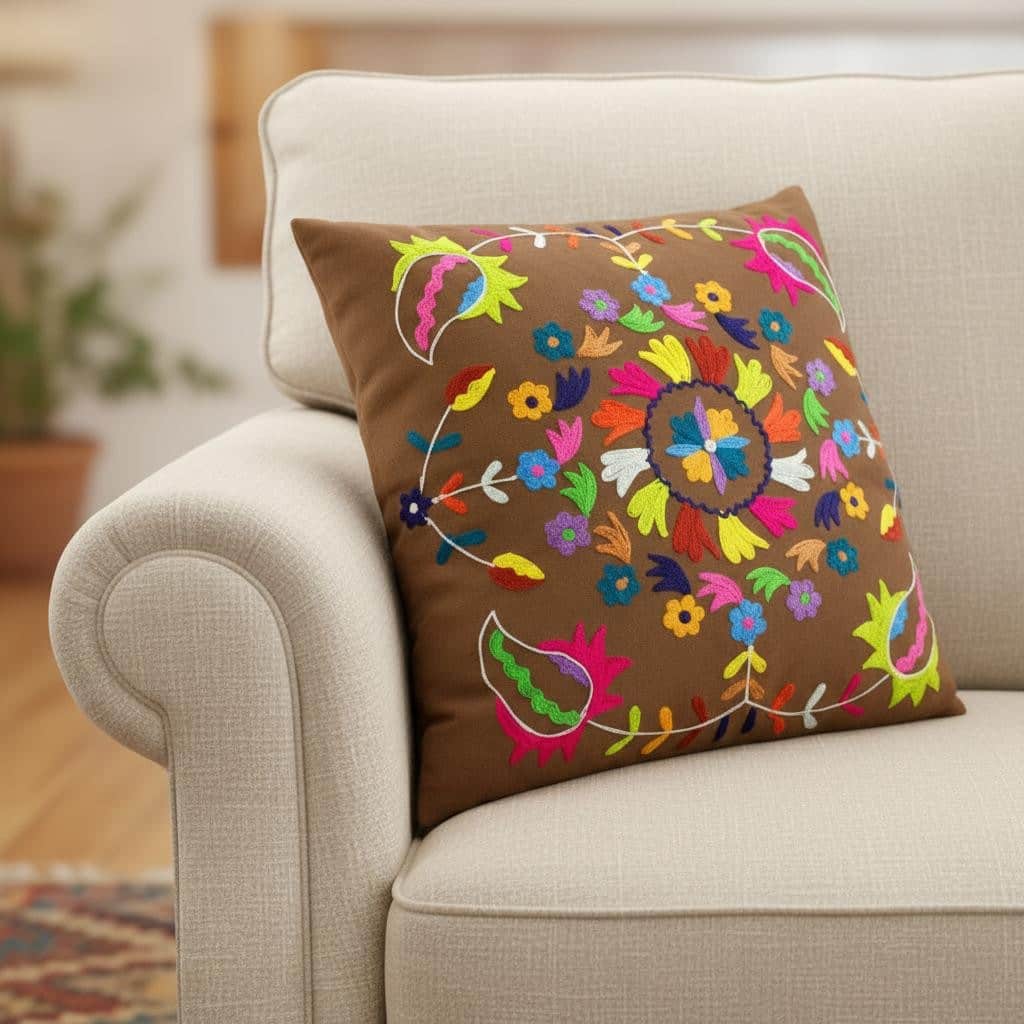 Set of Two 20" Brown And Pink Floral Cotton Throw Pillows with Embroidery