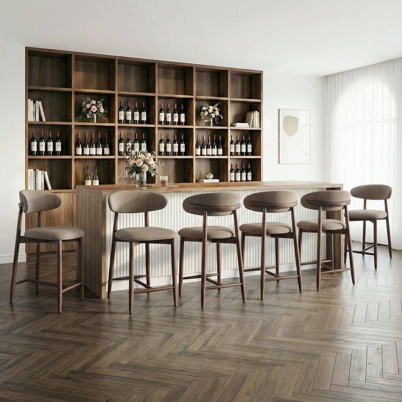 Mid-Century Modern Upholstered Bar Stools Counter Height Wooden Bar Chairs with Backrest Footrest - Camel - Set of 6