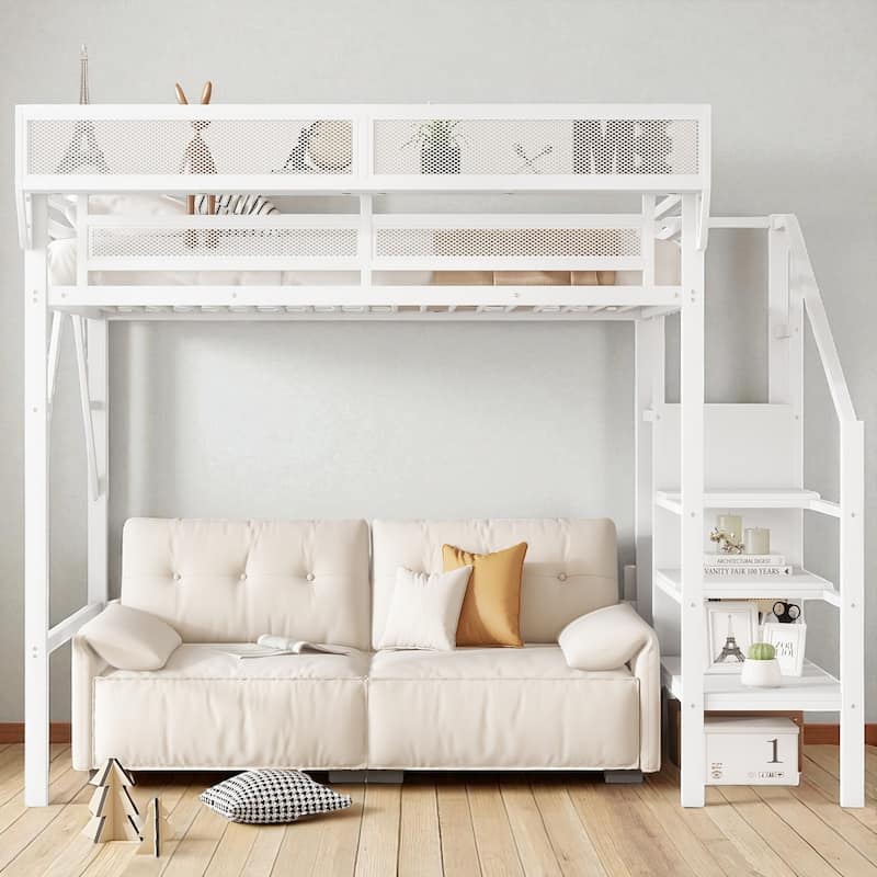 Twin Size Loft Bed with Stairs and Storage Shelves, Metal High Loft Bed with Wardrobe for Kids and Teens - White - Twin