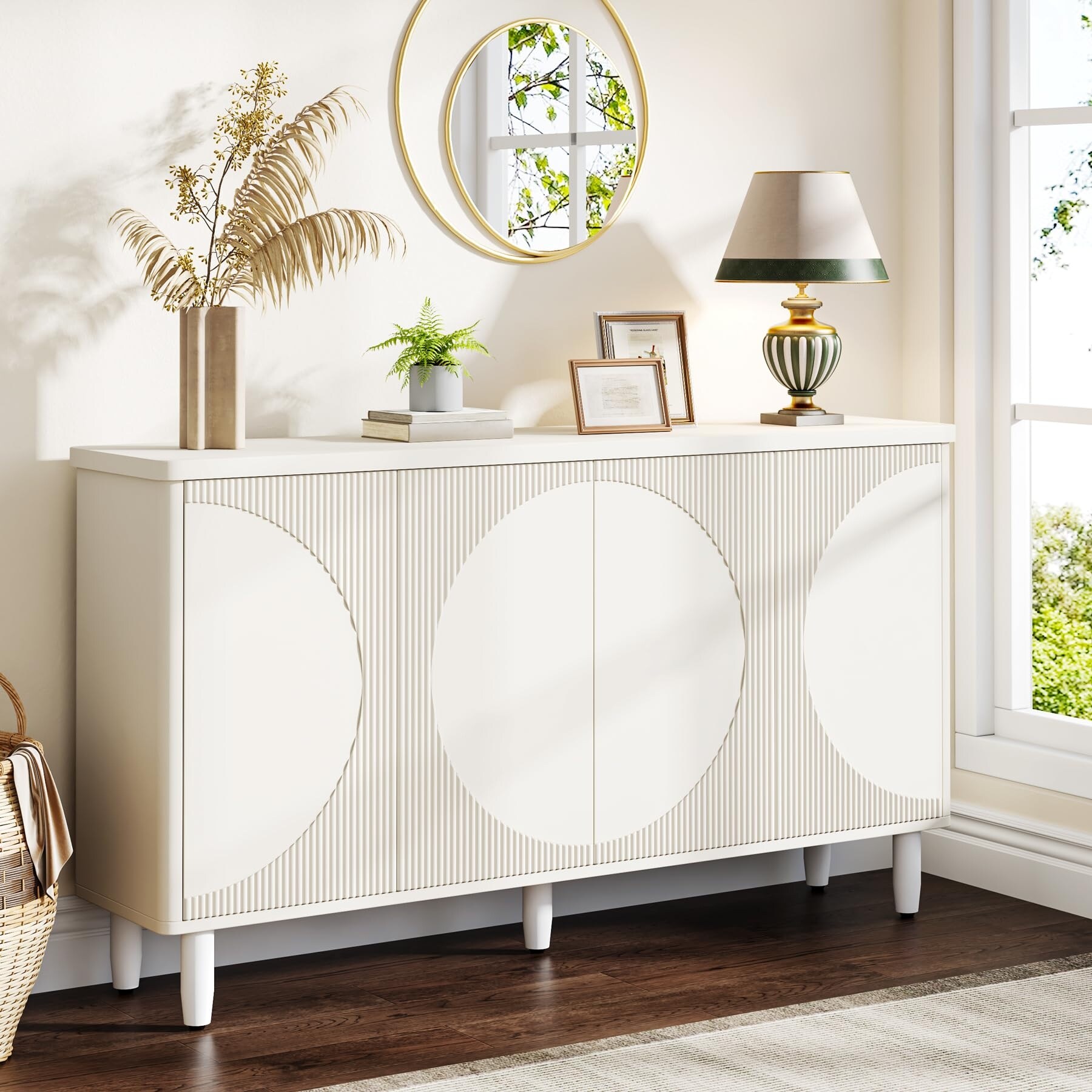 Modern Glass Door Cabinet with Adjustable Shelves Steel Storage Sideboard