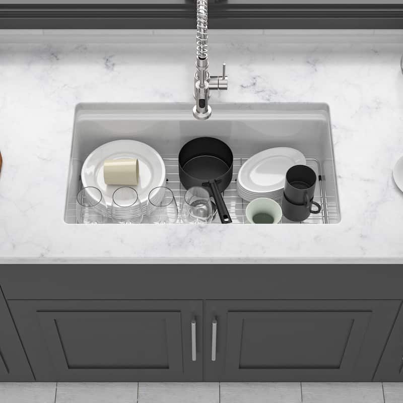 Undermount White Kitchen Sink Workstation - White Porcelain Ceramic Single Bowl Dual Mount Kitchen Sink