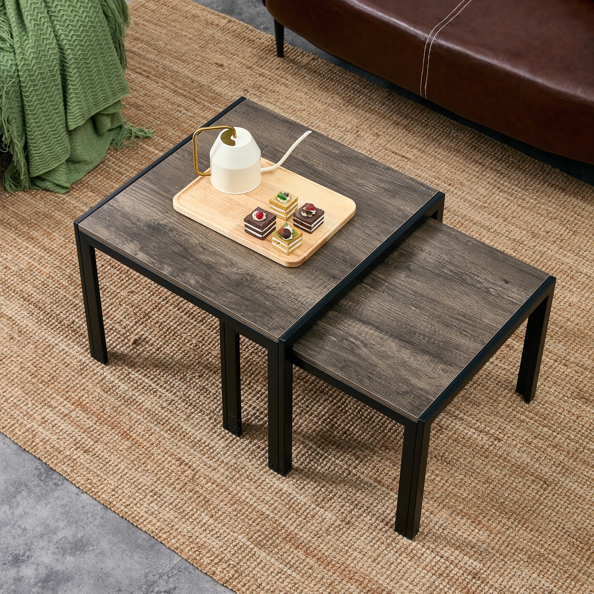 Nesting Square Coffee Table Set of 2 Modern Stacking Table with
