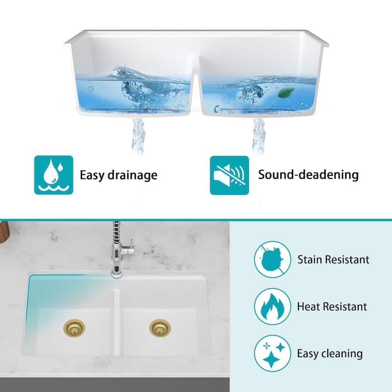 Undermount Double Bowl Quartz Kitchen Sink in White - 33'' x 19'' x 9.65''