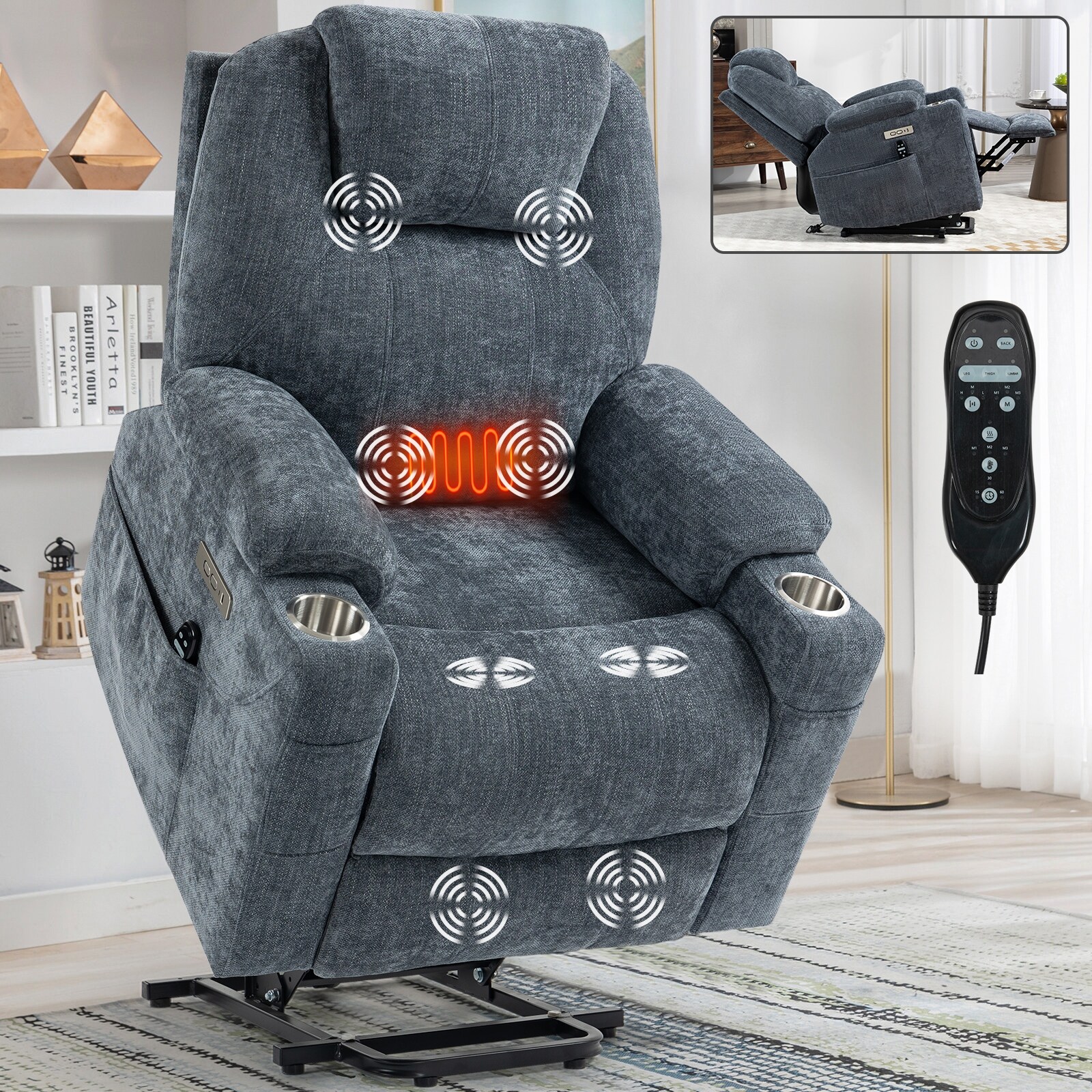Lazy Boy Chenille Power Lift Recliner Chair Lumbar Heat Sofa Chairs with Massage USB Charge Port Living Room Single Sofa On Sale Bed Bath Beyond 40647579