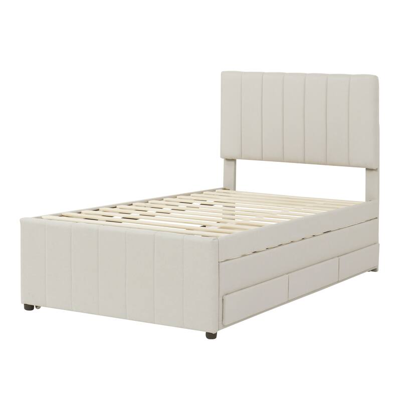 Upholstered Platform Bed Captain Bed with Trundle and 3 Drawers, Vertical Striped Linen Headboard and Footboard Slats Support