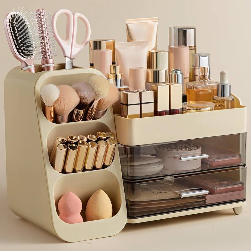 Makeup Organizer with Brush Holder for Vanity, Large Plastic Bathroom Countertop - Beige
