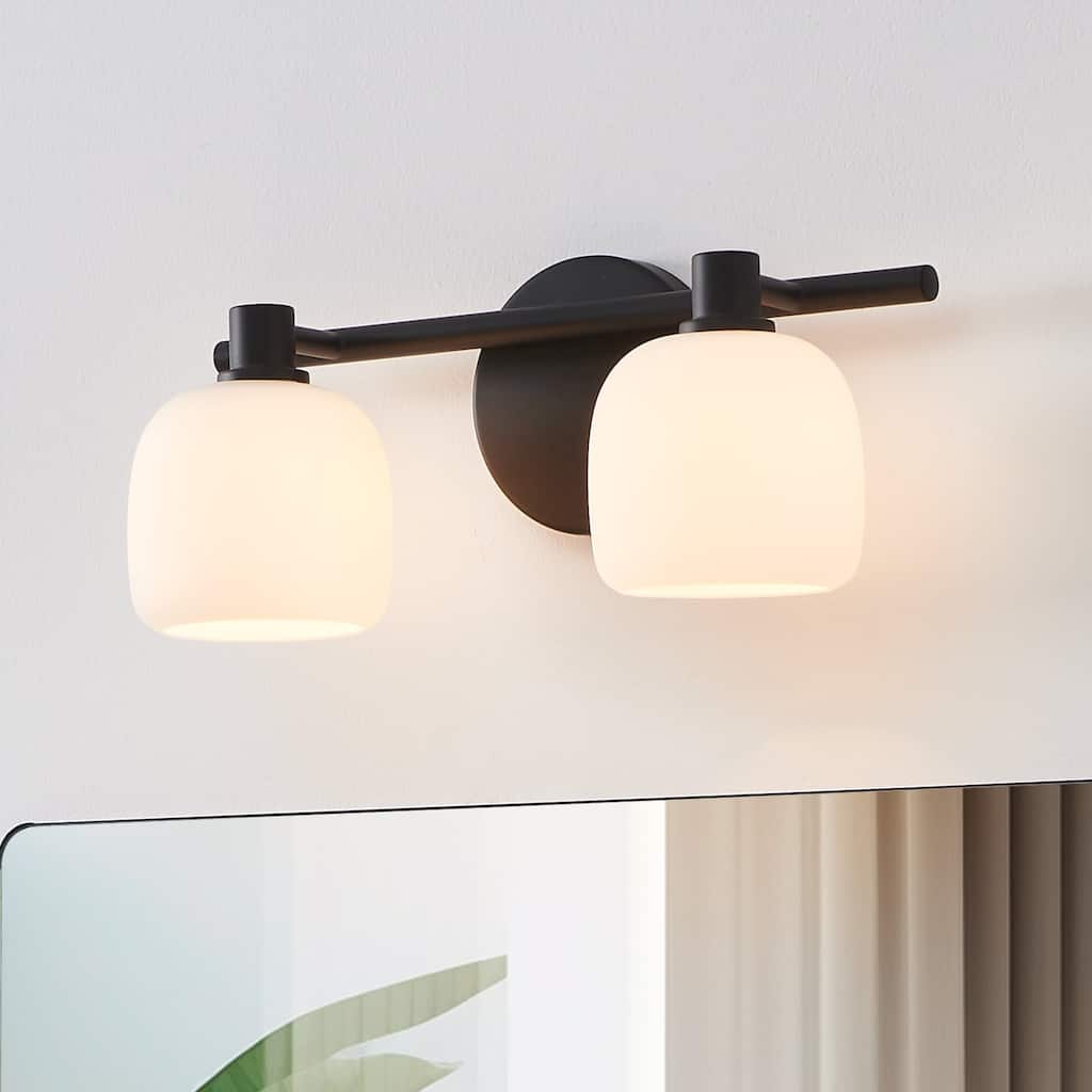 Thesis Valentina 15-inch 2-light Matte Black Vanity Light with Etched Opal Glass Shades