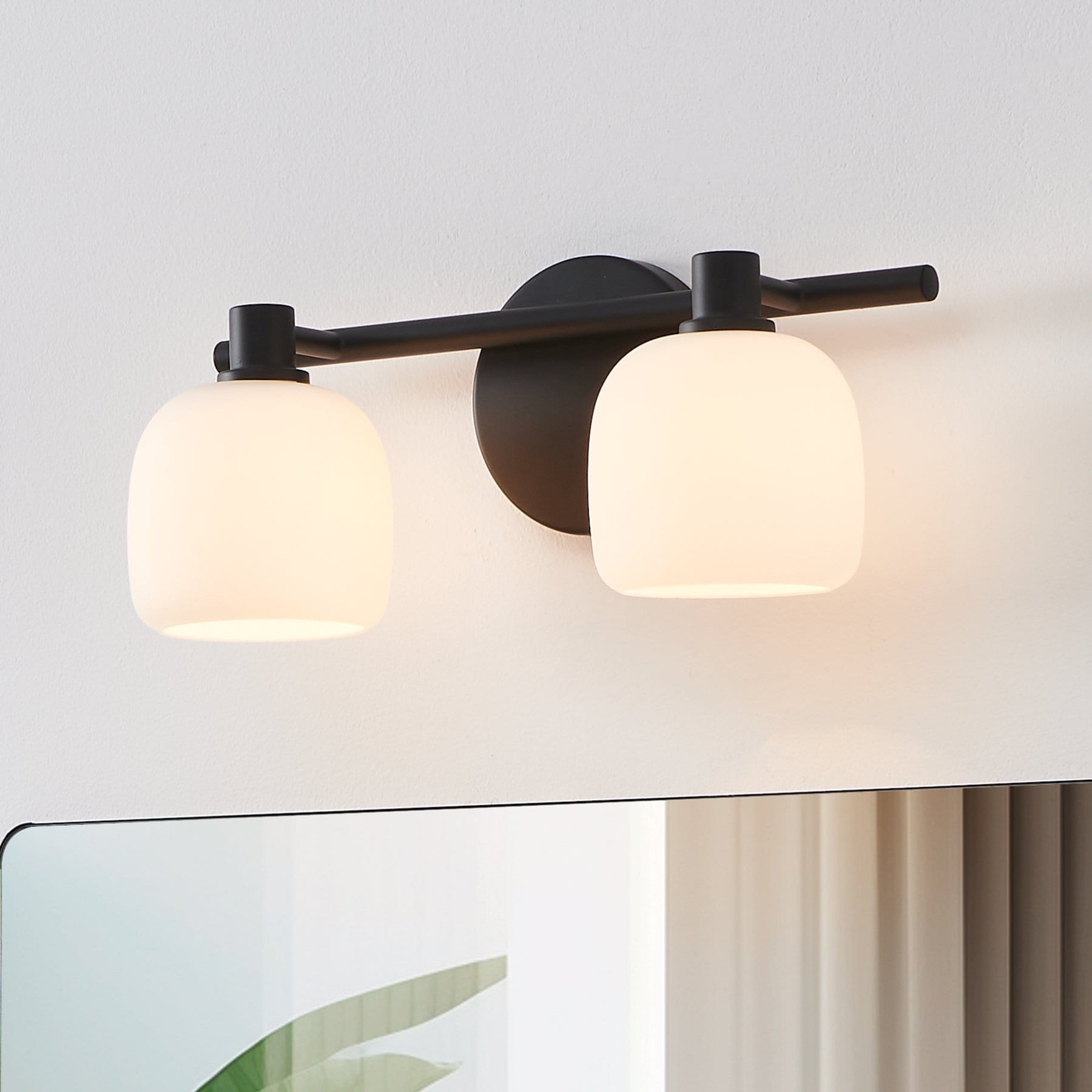 Thesis Valentina 15-inch 2-light Matte Black Vanity Light with Etched Opal Glass Shades