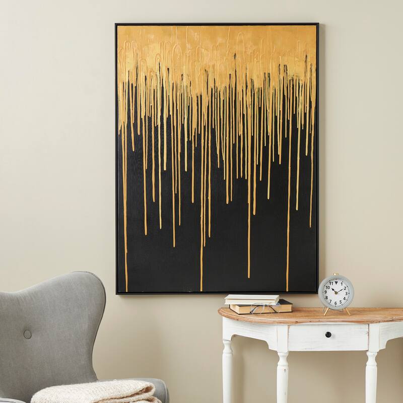 Gold Canvas Melting Drip Abstract Framed Wall Art with Black Frame - 36"W, 48"H