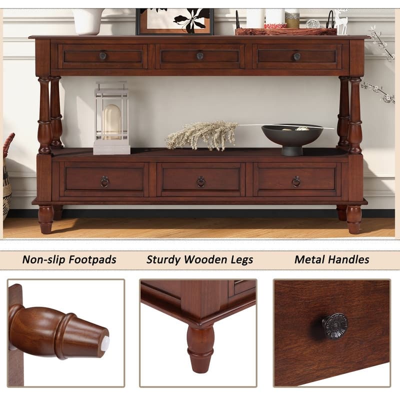 Retro 54" Solid Wood Console Table with 6 Drawers and Shelf for Vintage Living Room and Hallway Storage
