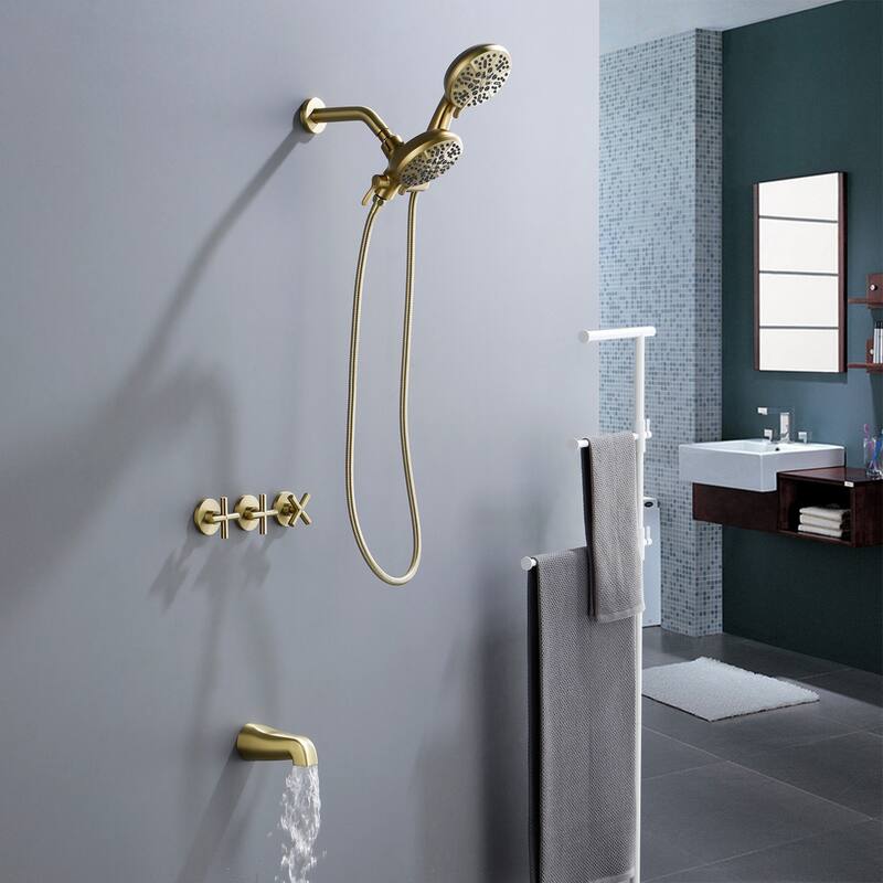 Modland 3-Handle Tub and Shower Faucet Set Dual Head 7-Spray Brass Valve Kit with Alloy Spout - Brushed Gold.