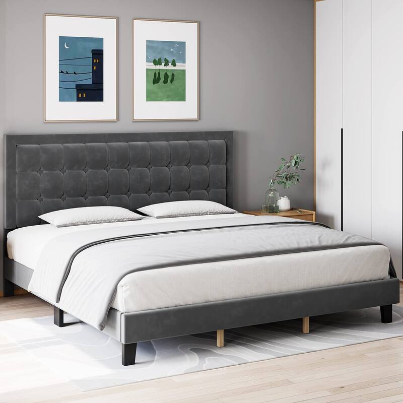 Button Tufted Velvet Platform Bed with Adjustable Headboard