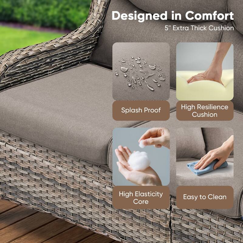 Pocassy Outdoor Propane Fire Table with Sofa Swivel Chair Ottoman Funiture Set.