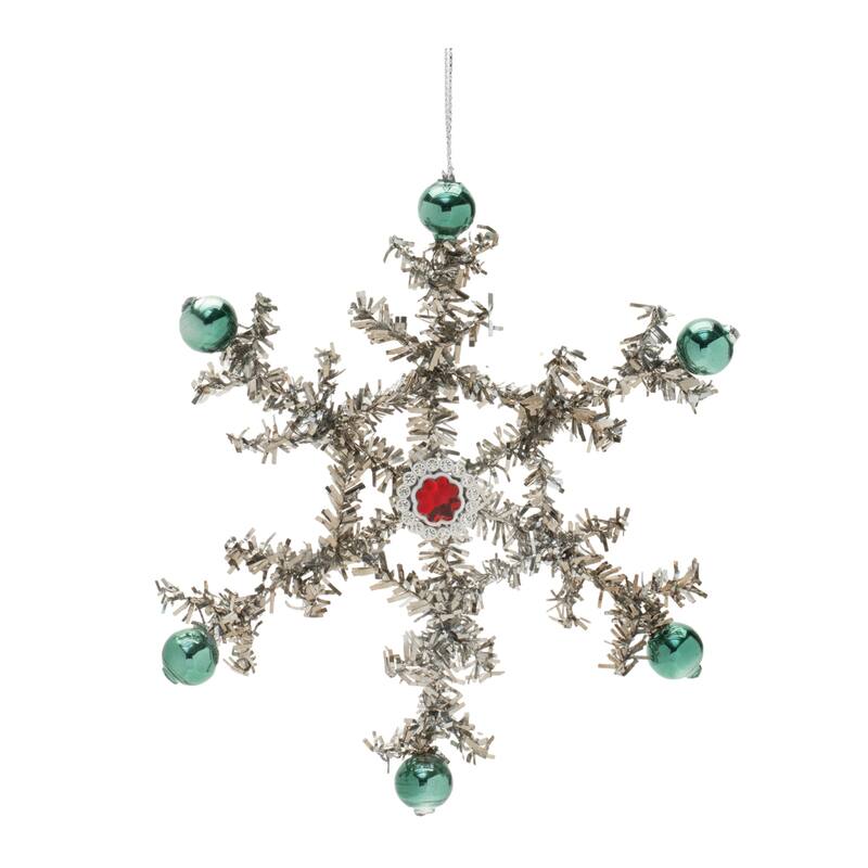 Jeweled Tinsel Snowflake Christmas Ornaments - 6.5" - Silver - 12ct