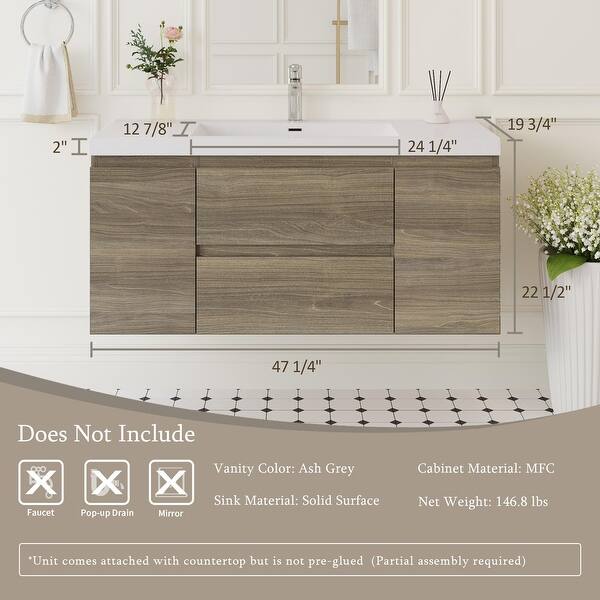 dimension image slide 1 of 4, Wall-Mounted Bathroom Vanity with White Solid Surface Top