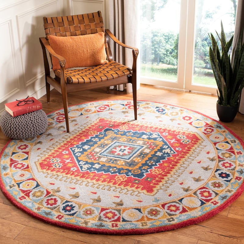 SAFAVIEH Handmade Heritage Striped Border Traditional Oriental Wool Rug - 6' Round - Grey/Red