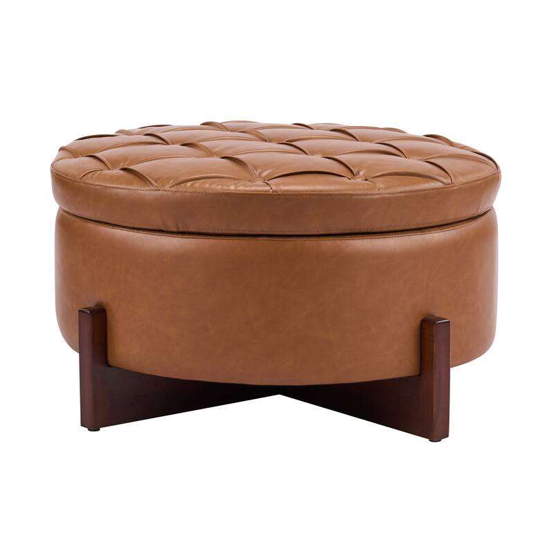 Christopher Knight Home - Mollet Mid-Century 32.28" Upholstered Tufted Round Hidden Storage Ottoman with Reversible Wood Lid