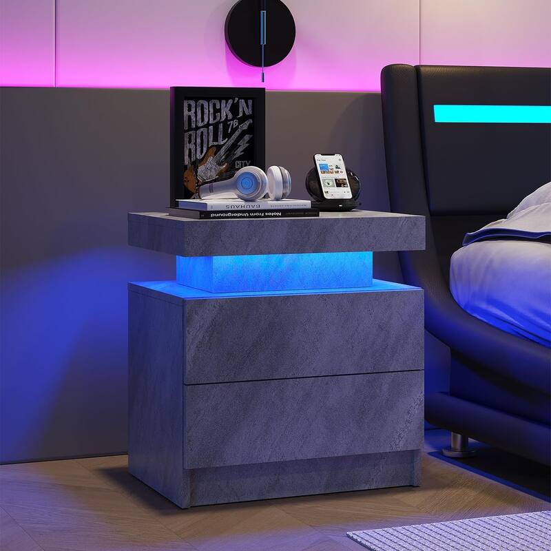 Modern Nightstand Sofa Side Table with 2 Drawer and Adjustable LED Lights for Bedroom Living Room - Gray