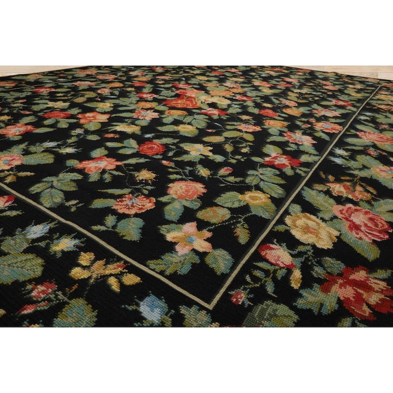 9x12 Hand Woven Wool Black Portugese Needlepoint Traditional Area Rug - 9' x 12'