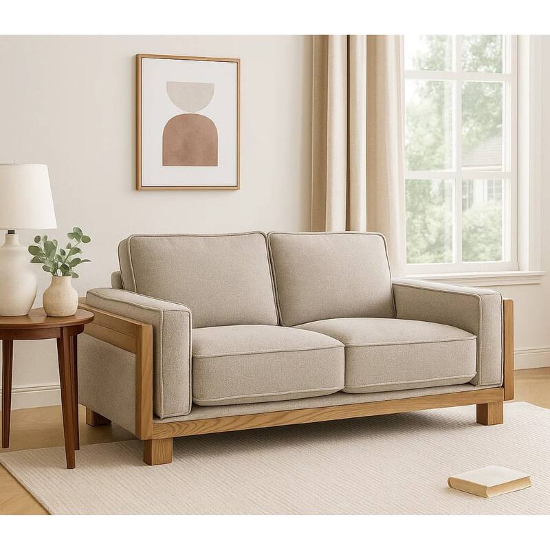 Denu Loveseat, Light Brown Fabric Padded, Welt Trim Details, 70 Inch