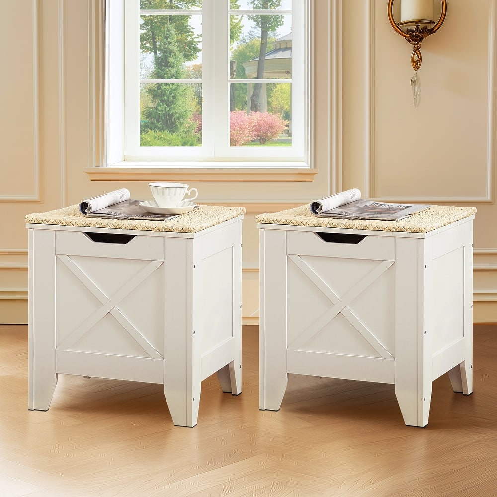 VECELO Storage Bench, Wooden Chest for Storage with Wicker Mat Safety Hinges Entryway Shoe Bench Storage Trunk(Set of 2)