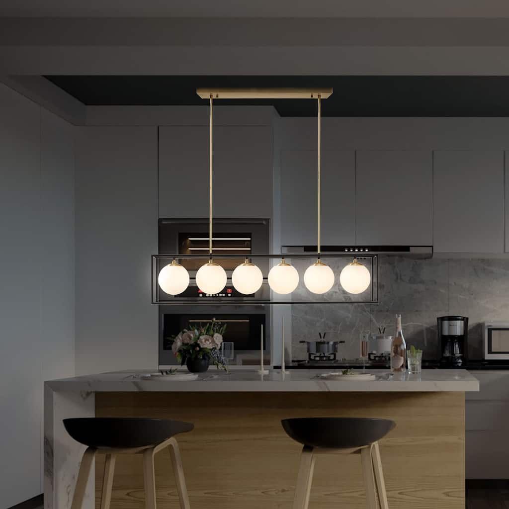 6-Light Modern Frosted Glass Globe Linear Chandelier for Dining Room