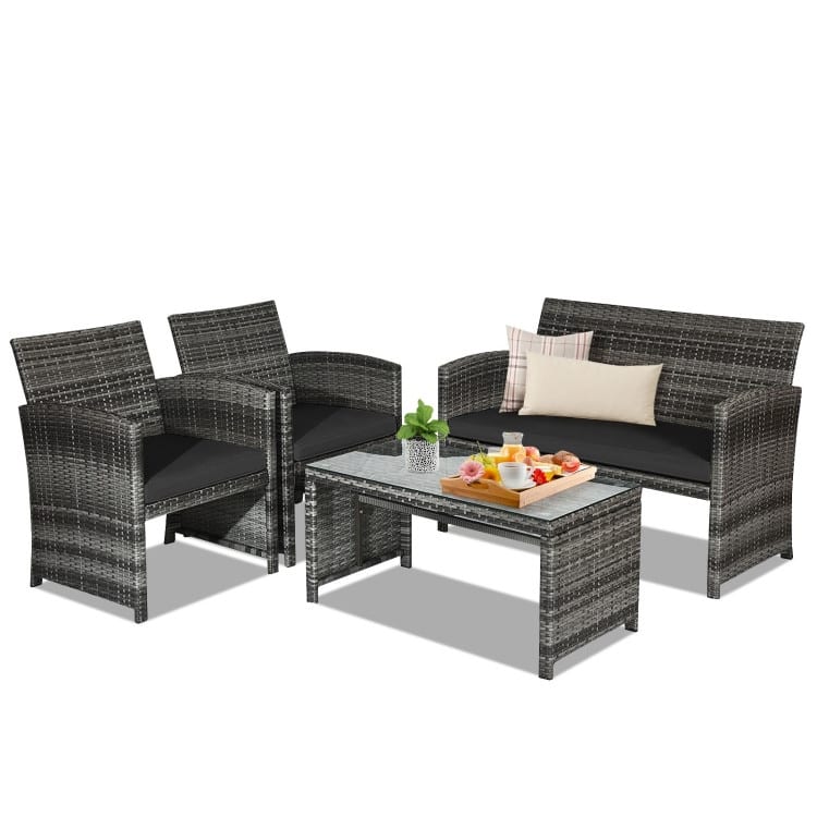 4 Pieces Patio Rattan Furniture Set with Glass Table and Loveseat - 43.5" x 25"x 31" (L x W x H)