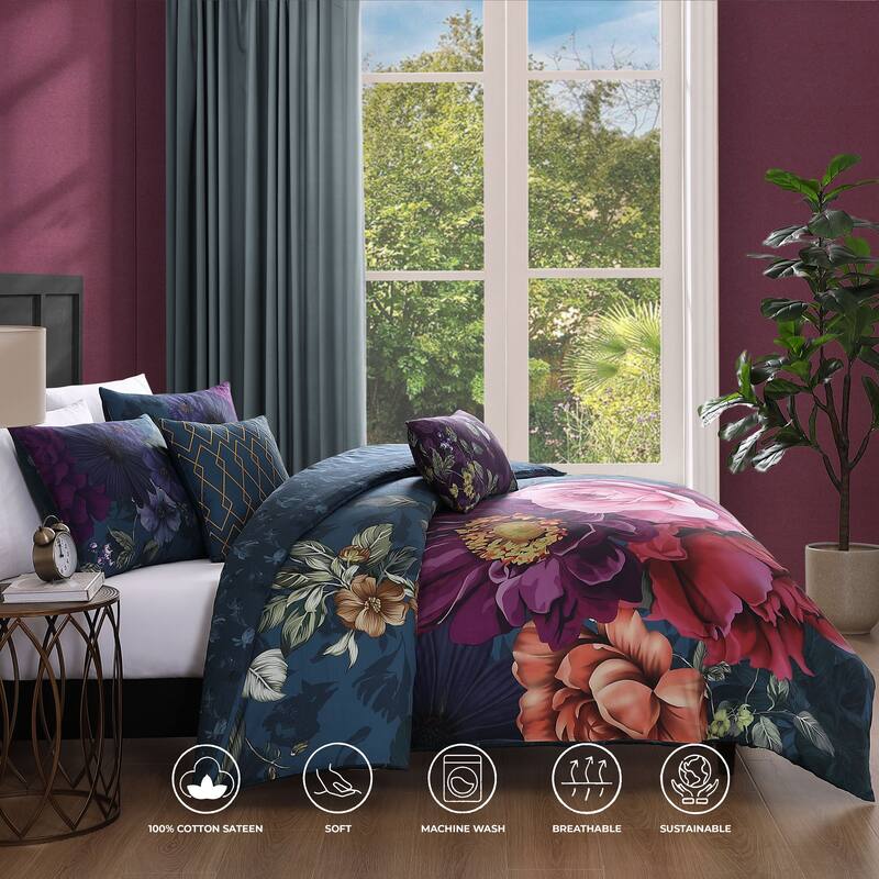 Bebejan Vibrant Flora 100% Cotton Sateen 5 Piece Reversible Comforter Set