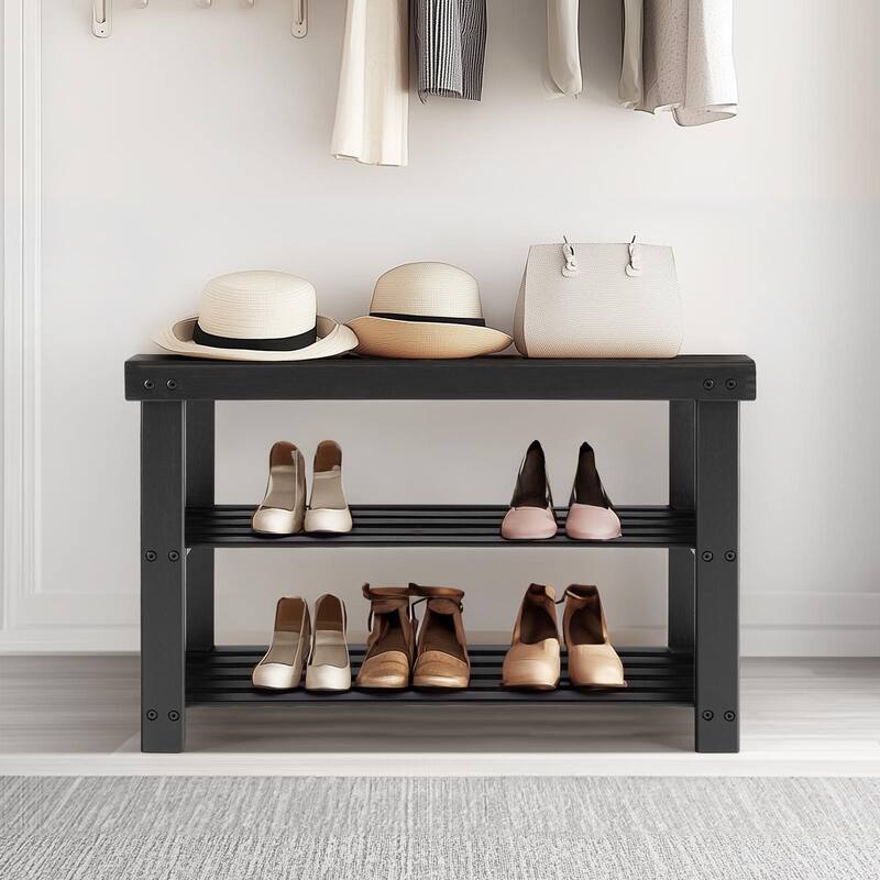 Rossetta 3-Tier Solid Natural Bamboo Compact Storage Shoe Rack Bench, Straightforward Assembly