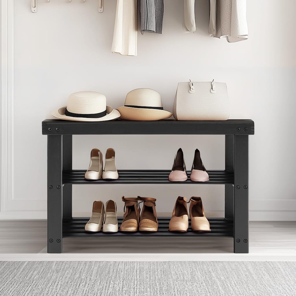 Rossetta 3-Tier Solid Natural Bamboo Compact Storage Shoe Rack Bench, Straightforward Assembly