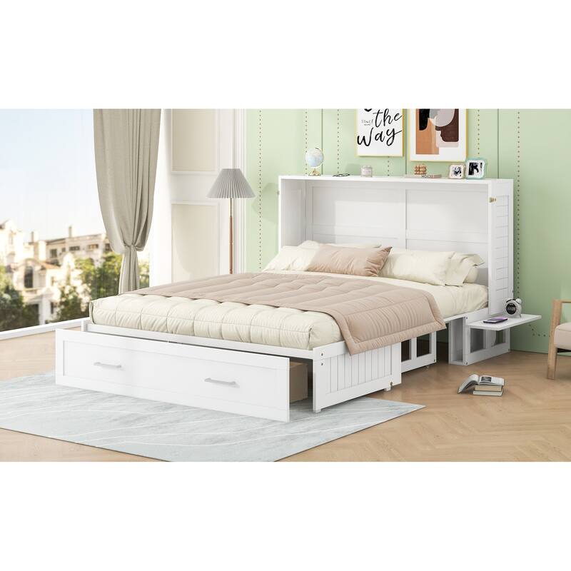 Queen Size Mobile Murphy Bed with Large Storage Drawer, 2 Side Shelves, and Foldable Design