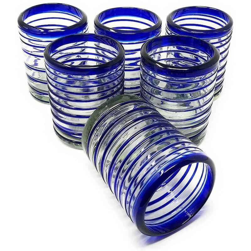 Dos Sueños Hand Blown Mexican Drinking Glasses - Set of 6 Tumbler Glasses with Blue Spiral Design (10 oz each)