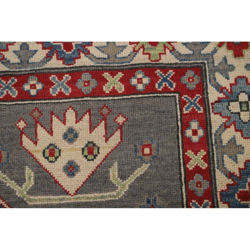 Gray Geometric Kazak Area Rug Hand-Knotted Oriental Wool Carpet - 4'11" x 6'6"