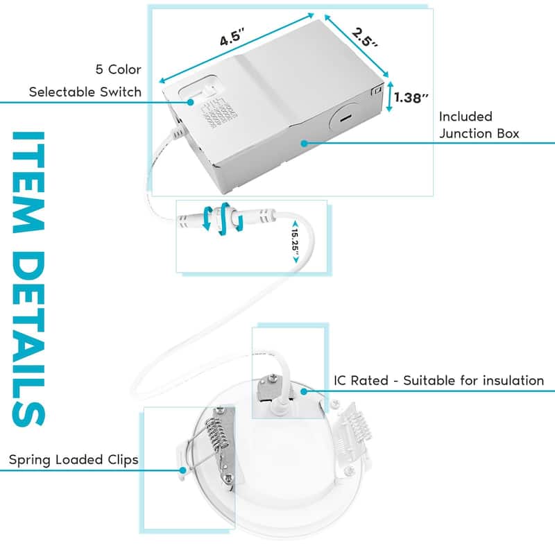 Luxrite 16 Pack 3" Ultra Thin LED Recessed Light J-Box 6W 5 Color Options Dimmable 400 Lumens Baffle IC Rated
