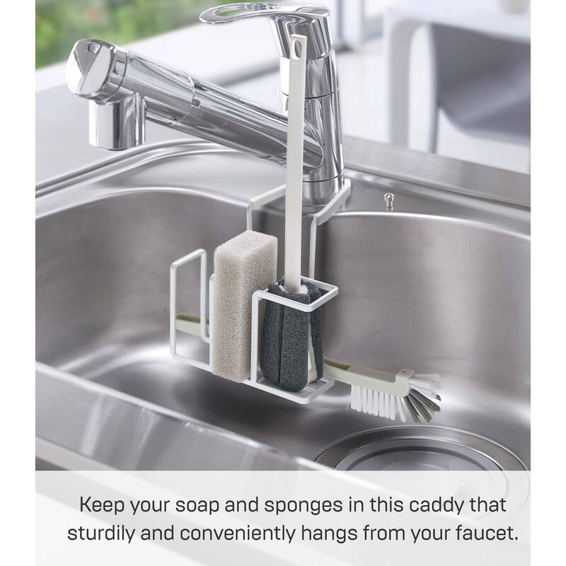 Yamazaki Home Faucet-Hanging Sponge and Brush Holder, Steel, Holds 1.1 lbs - L 6.89 x W 5.51 x H 5.12 inches
