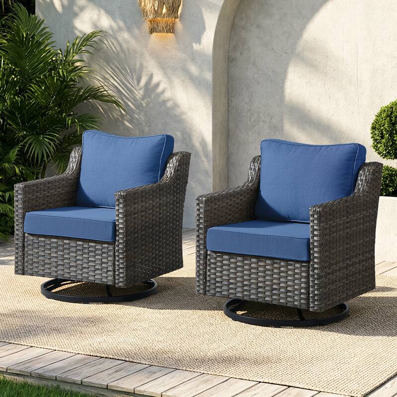 Meyreso Gray Wicker Outdoor Swivel Glider Chairs with 4-Inch Thick Cushions (2-Pack) - Navy Blue Cushions - Grey frame