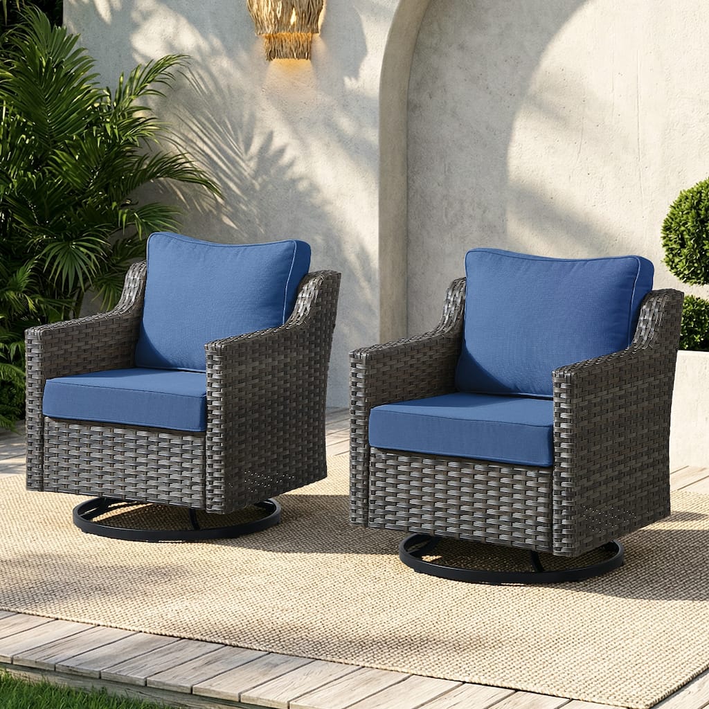 Meyreso Gray Wicker Outdoor Swivel Glider Chairs with 4-Inch Thick Cushions (2-Pack)