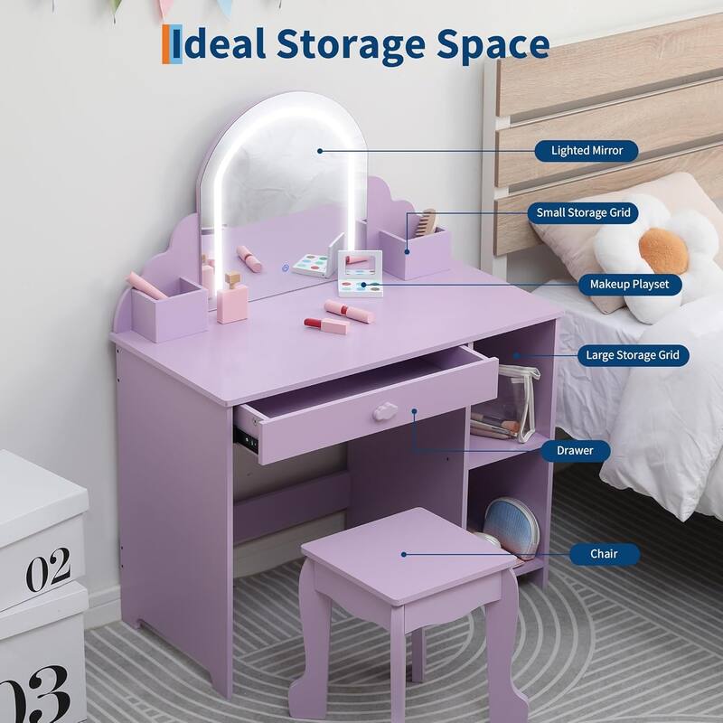 Kids Vanity Set with Lighted Mirror and Stool, Storage Drawer and Shelves for Girls Ages 3–9