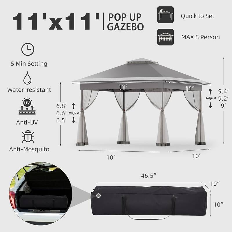 Bezseller 11' x 11' Pop -up Gazebo Tent with Mosquito Netting, Outoor Canopy Tent for Patio Garden Backyard Party