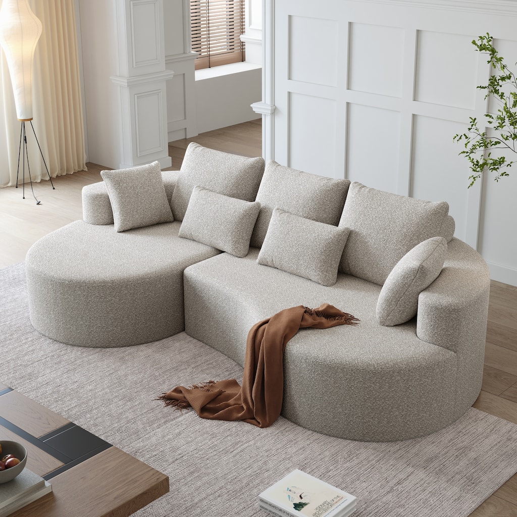 Roomfitters 105" Curved Sectional Sofa, 4-Seater Kidney Shaped Boucle Fabric Couch with 6 Pillows for Living Room