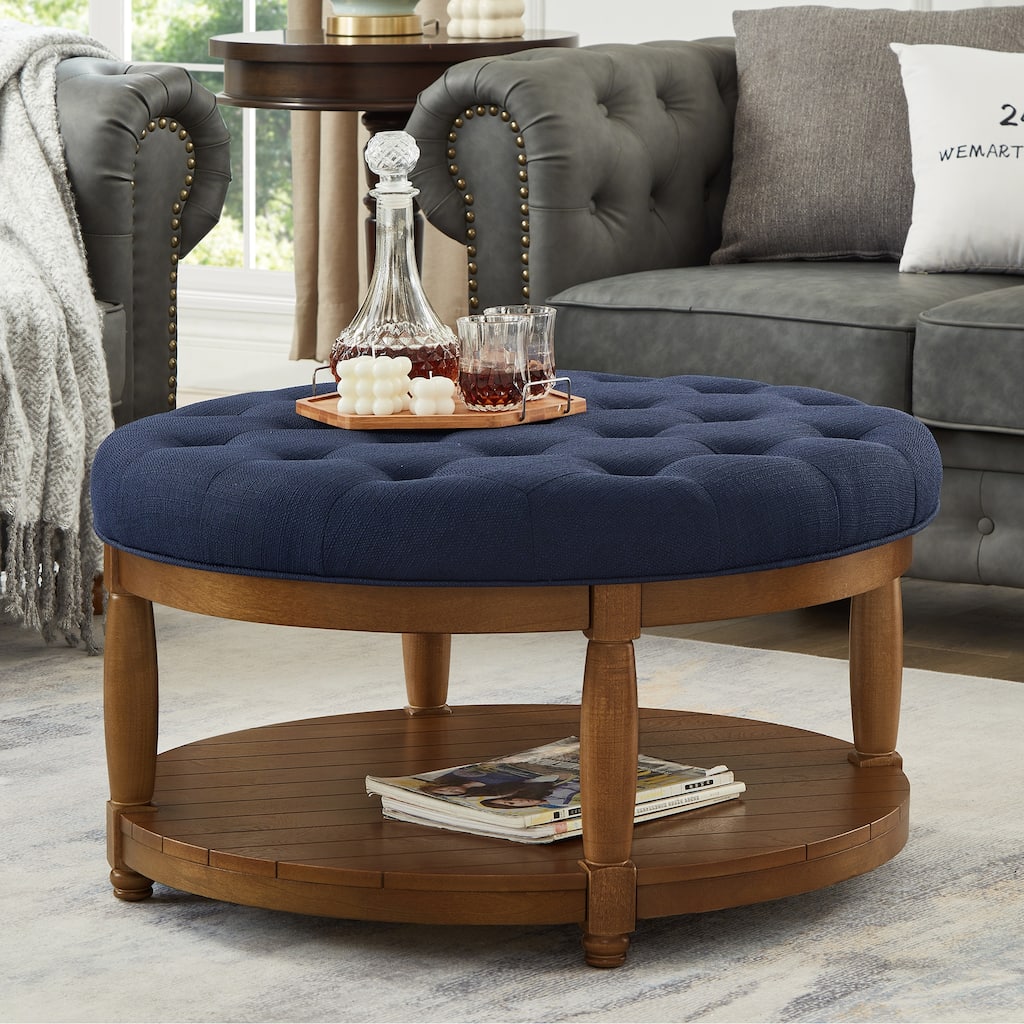Large Round Tufted Linen Ottoman Coffee Table with Wood Shelf Storage - Navy Blue Hue