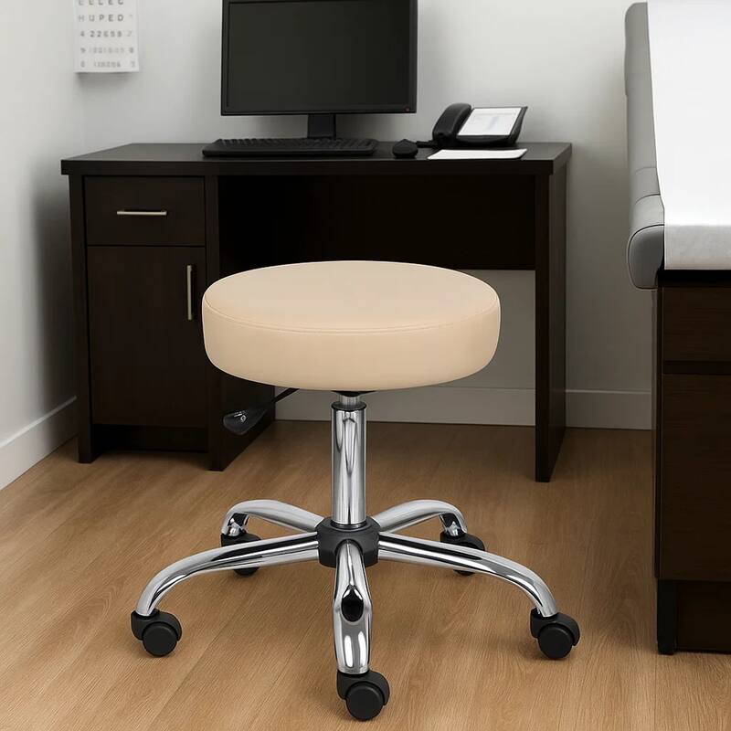Fea Medical Swivel Stool, Round Beige Padded Seat, Rolling Chrome Base
