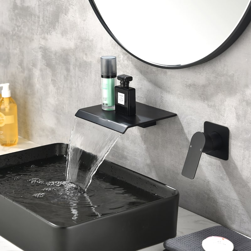 Two-Hole Wall Mounted Waterfall Bathroom Faucet with Accessories - Matte black