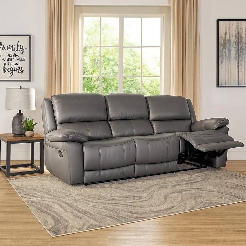 Larus Sofa, Manual Reclining Mechanism, Dark Gray Faux Leather, 82 Inch