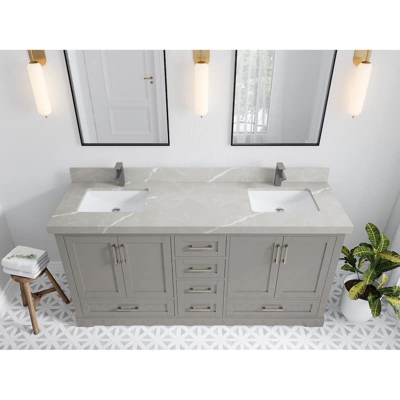 Willow Collection 72 in W x 22 in D x 36 in H Boston Double Bowl Sink Bathroom Vanity with Countertop - 2"Pearl Gray - Elephant Skin Gray
