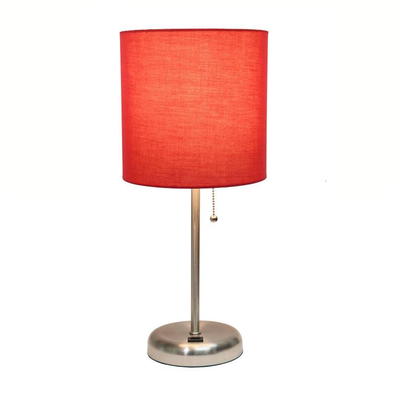 19.5 in. Brushed Steel Finish Table Lamp with Red Shade, Durable Stick Lamp for End/Side Tables